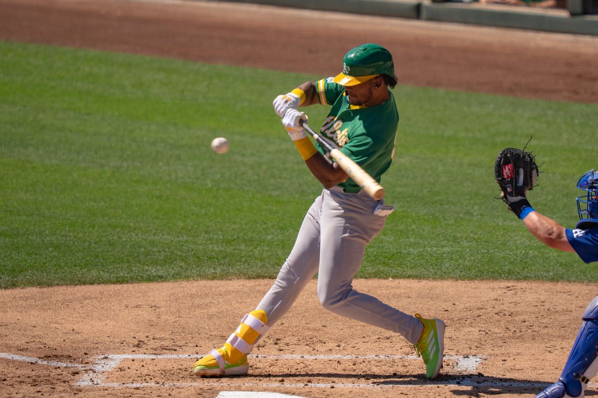 Athletics shortstop Leo De Vries (83) at bat during an MLB spring training baseball game against the Los Angeles Dodgers on March 21st, 2026 in Glendale, AZ. Athletics shortstop Leo De Vries (83) at bat during an MLB spring training baseball game against the Los Angeles Dodgers on March 21st, 2026 in Glendale, AZ.