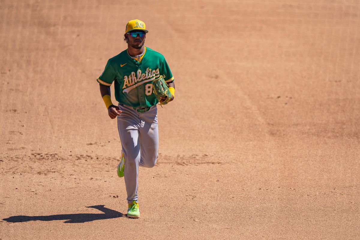 Athletics shortstop Leo De Vries (83) returning to the dugout during an MLB spring training baseball game against the Los Angeles Dodgers on March 21st, 2026 in Glendale, AZ. Athletics shortstop Leo De Vries (83) returning to the dugout during an MLB spring training baseball game against the Los Angeles Dodgers on March 21st, 2026 in Glendale, AZ.