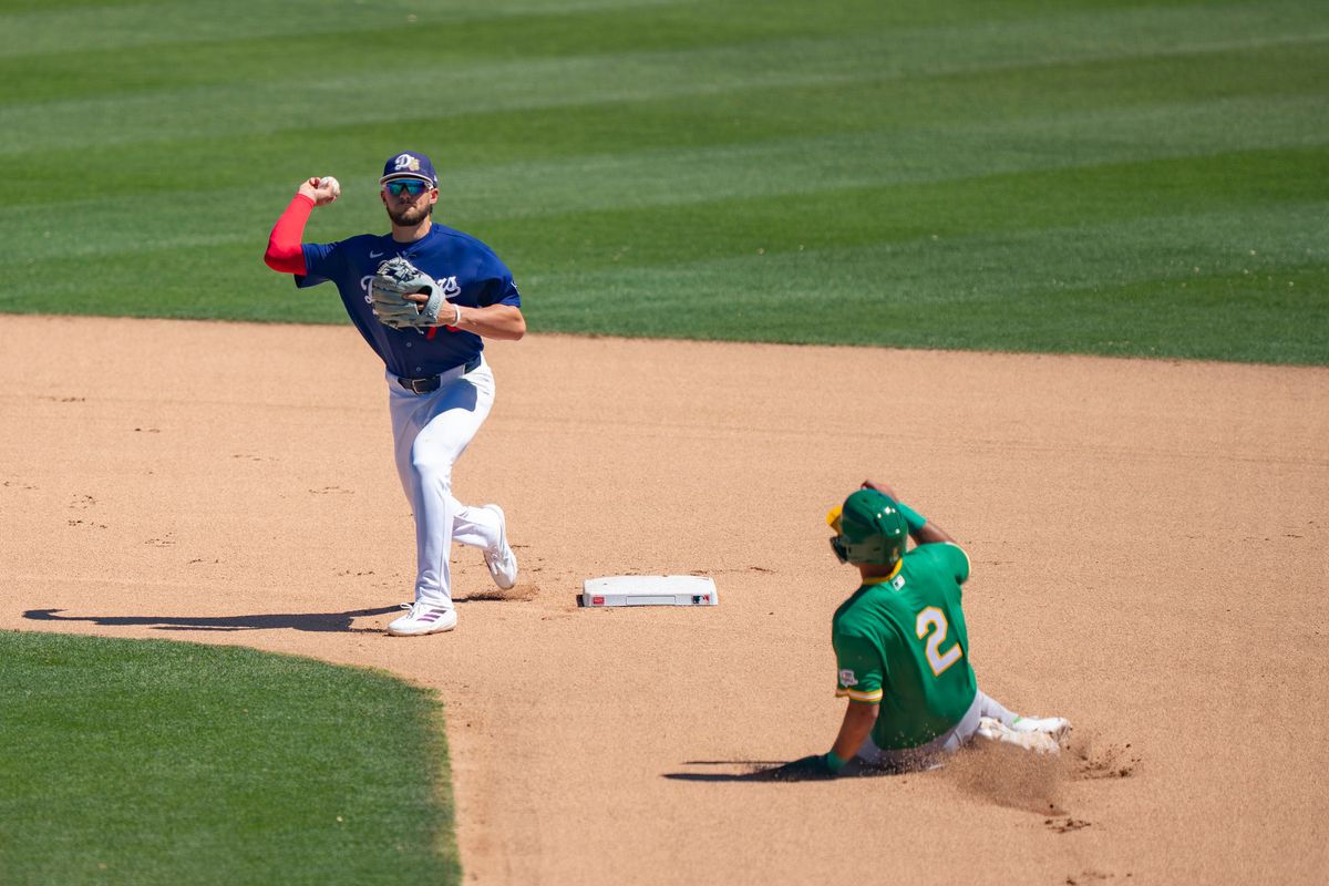 Los Angeles Dodgers second baseman Alex Freeland (76) throwing to first base for an out during an MLB spring training baseball game against the Las Vegas A’s on March 21st, 2026 in Glendale, AZ. Los Angeles Dodgers second baseman Alex Freeland (76) throwing to first base for an out during an MLB spring training baseball game against the Las Vegas A’s on March 21st, 2026 in Glendale, AZ.