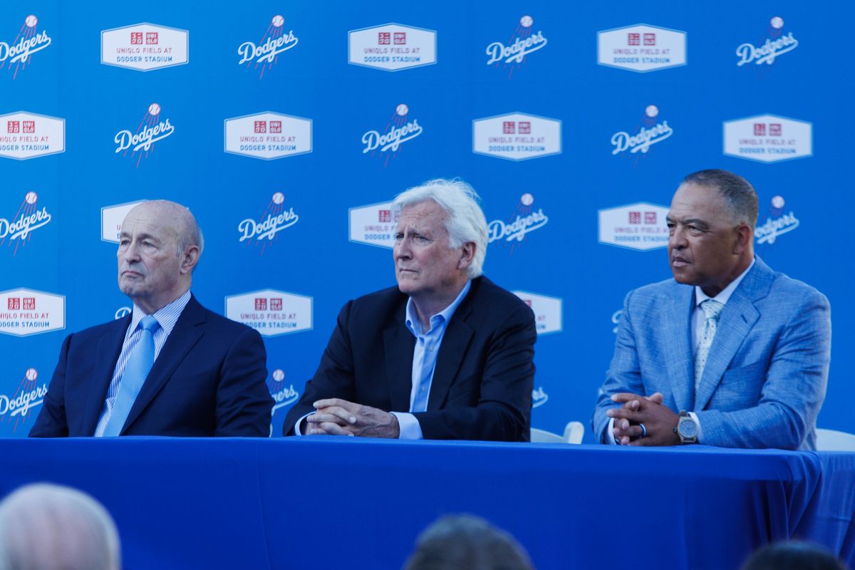 Los Angeles Dodgers representatives listen during a UNIQLO partnership press conference on March 25, 2026 in Los Angeles, California.