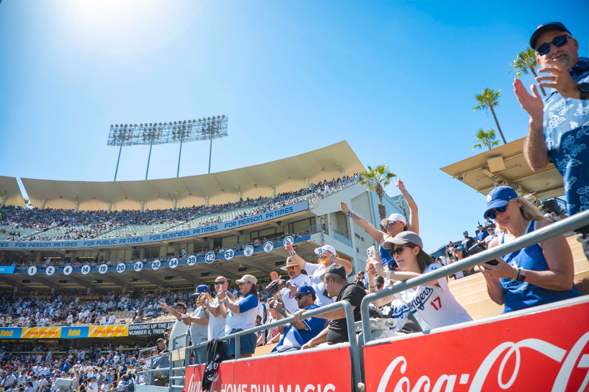 Los Angeles Dodgers fans celebrate a double base hit by HyeSeong Kim (6) during an MLB baseball game against the Miami Marlins on April 29th, 2026 in Los Angeles, CA.
