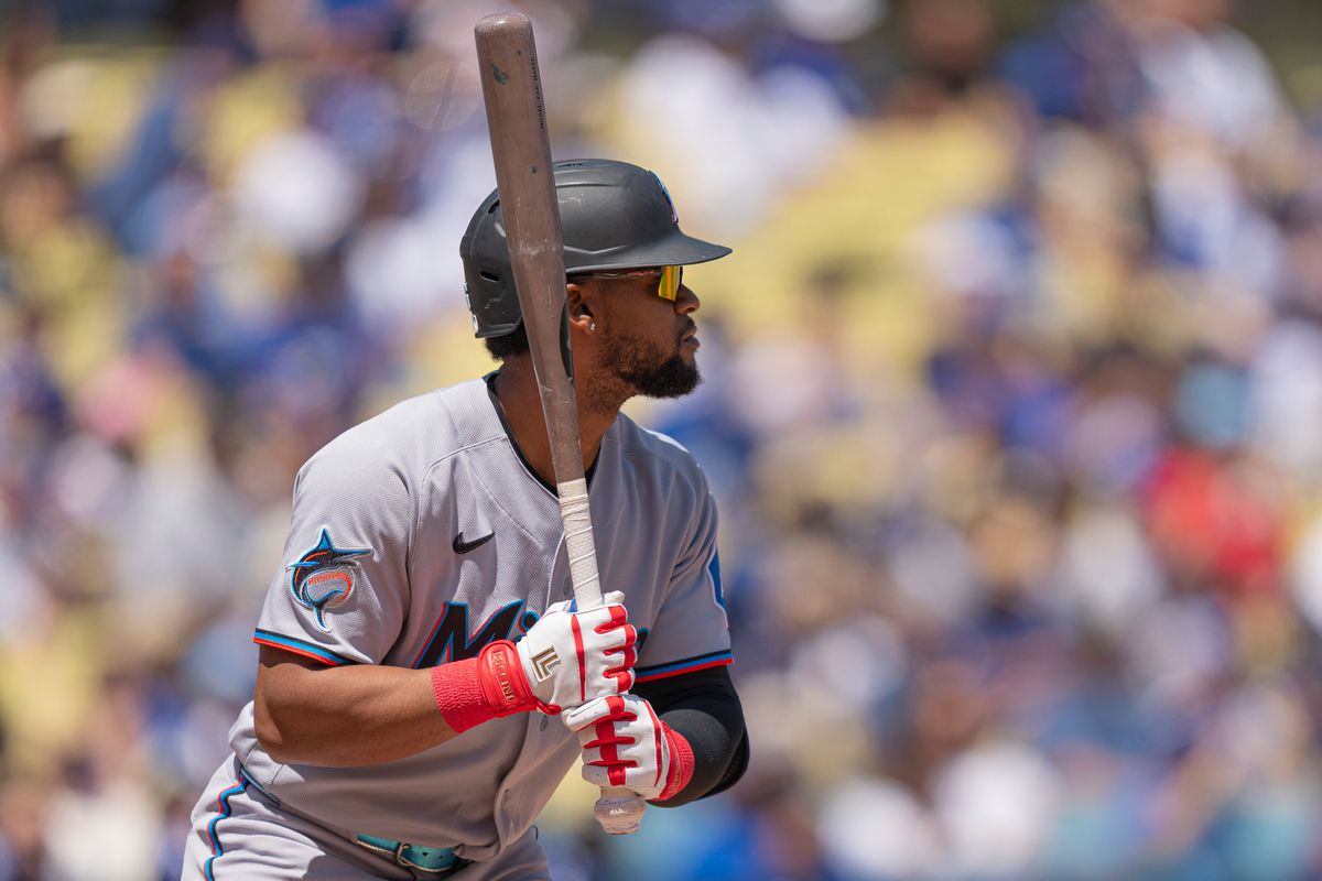 Miami Marlins infielder Otto Lopez (6) at bat during an MLB baseball game against the Los Angeles Dodgers on April 29th, 2026 in Los Angeles, CA.
