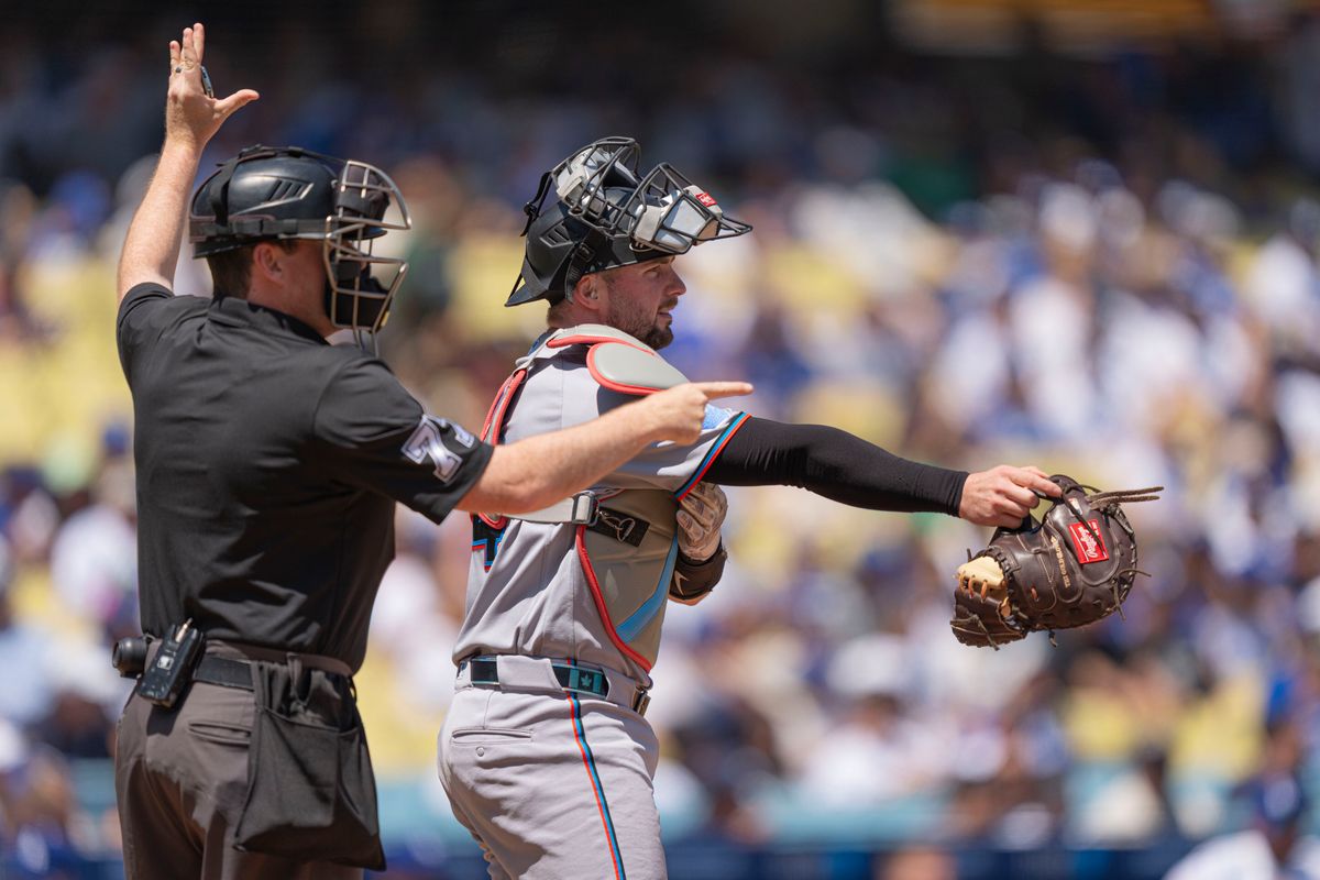 Miami Marlins catcher Liam Hicks (34) preparing for the next batter up during an MLB baseball game against the Los Angeles Dodgers on April 29th, 2026 in Los Angeles, CA.