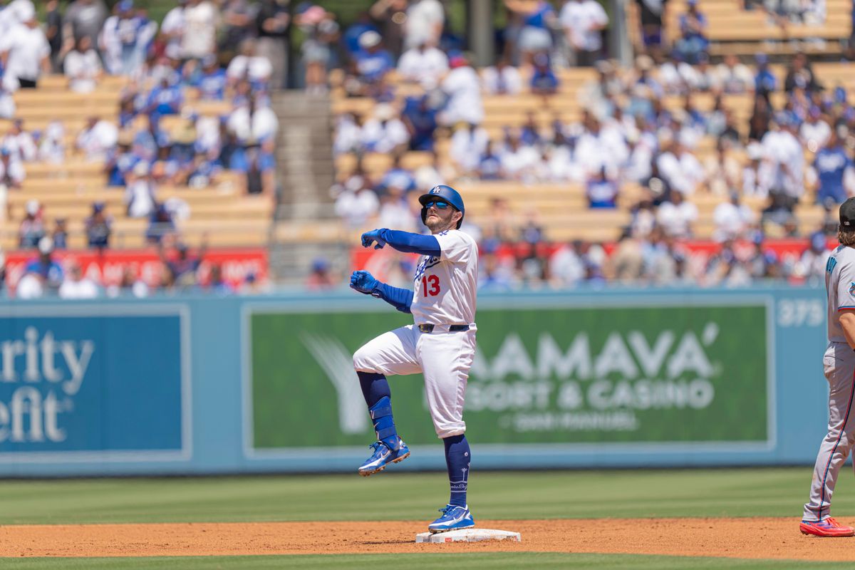 Los Angeles Dodgers infielder Max Muncy (13) celebrating hitting a double during an MLB baseball game against the Miami Marlins on April 29th, 2026 in Los Angeles, CA.