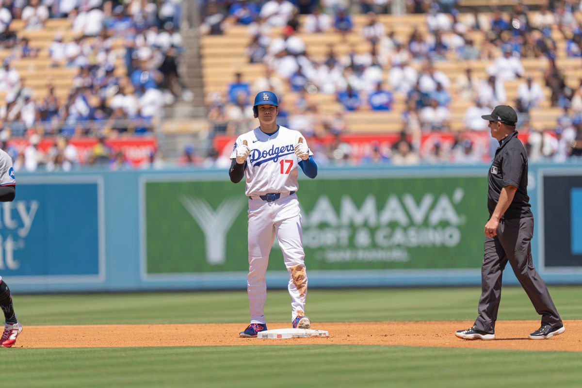 Los Angeles Dodgers pitcher Shohei Ohtani (17) giving a thumbs up at second base during an MLB baseball game against the Miami Marlins on April 29th, 2026 in Los Angeles, CA.