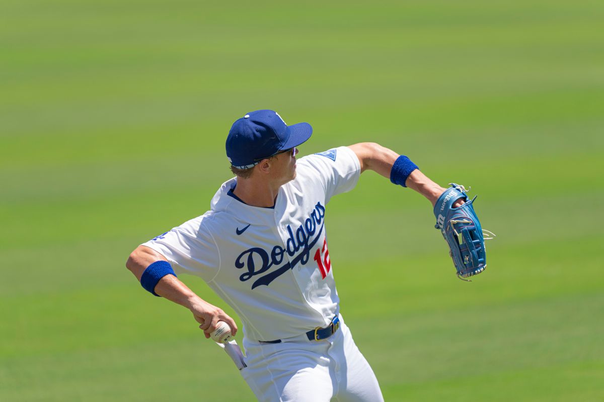 Los Angeles Dodgers outfielder Alex Call (12) returning a fly out during an MLB baseball game against the Miami Marlins on April 29th, 2026 in Los Angeles, CA.