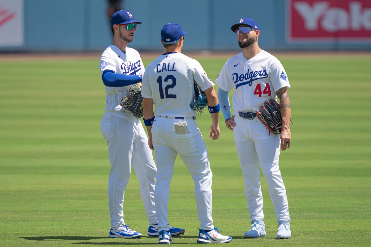 Los Angeles Dodgers outfielders meeting during a pitcher swap during an MLB baseball game against the Miami Marlins on April 29th, 2026 in Los Angeles, CA.
