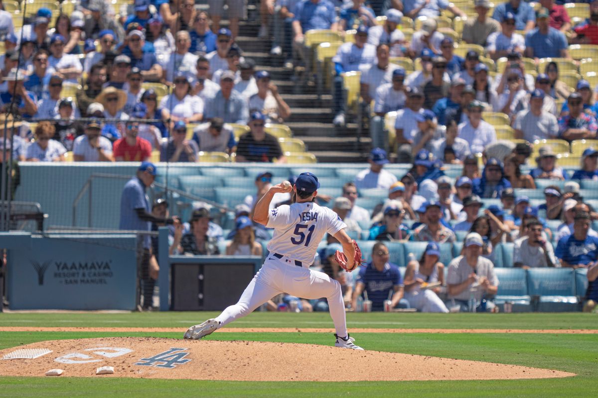 Los Angeles Dodgers pitcher Alex Vesia (51) pitching during an MLB baseball game against the Miami Marlins on April 29th, 2026 in Los Angeles, CA.