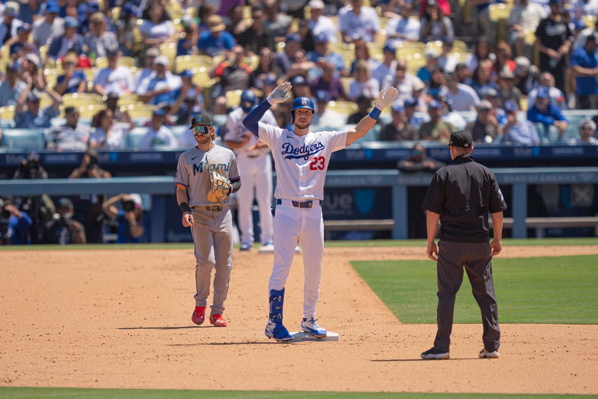 Los Angeles Dodgers outfielder Kyle Tucker (23) celebrating hitting a double during an MLB baseball game against the Miami Marlins on April 29th, 2026 in Los Angeles, CA.