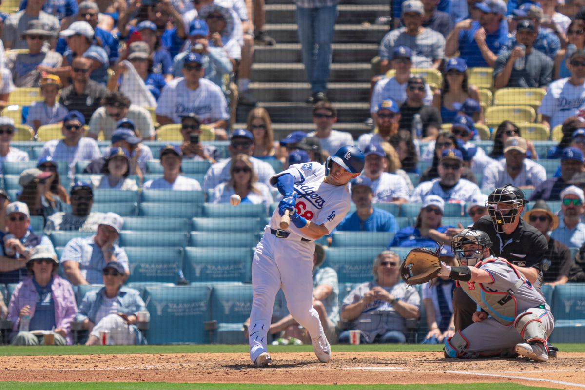 Los Angeles Dodgers catcher Dalton Rushing hitting a single during an MLB baseball game against the Miami Marlins on April 29th, 2026 in Los Angeles, CA.