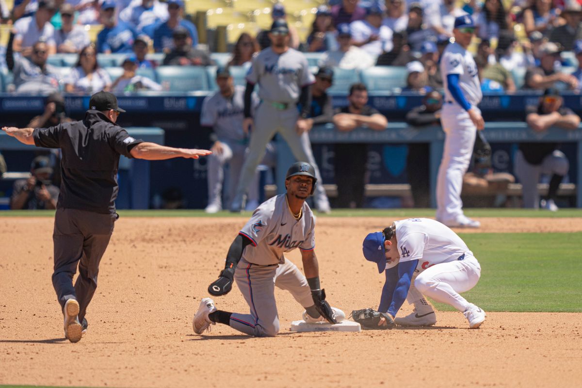 Los Angeles Dodgers infielder Hyeseong Kim (6) slumping with disappointment for missing a second base tag during an MLB baseball game against the Miami Marlins on April 29th, 2026 in Los Angeles, CA.
