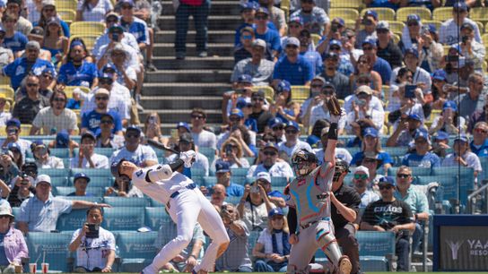 Los Angeles Dodgers pitcher Shohei Ohtani (17) ducking away from a ball during an MLB baseball game against the Miami Marlins on April 29th, 2026 in Los Angeles, CA.
