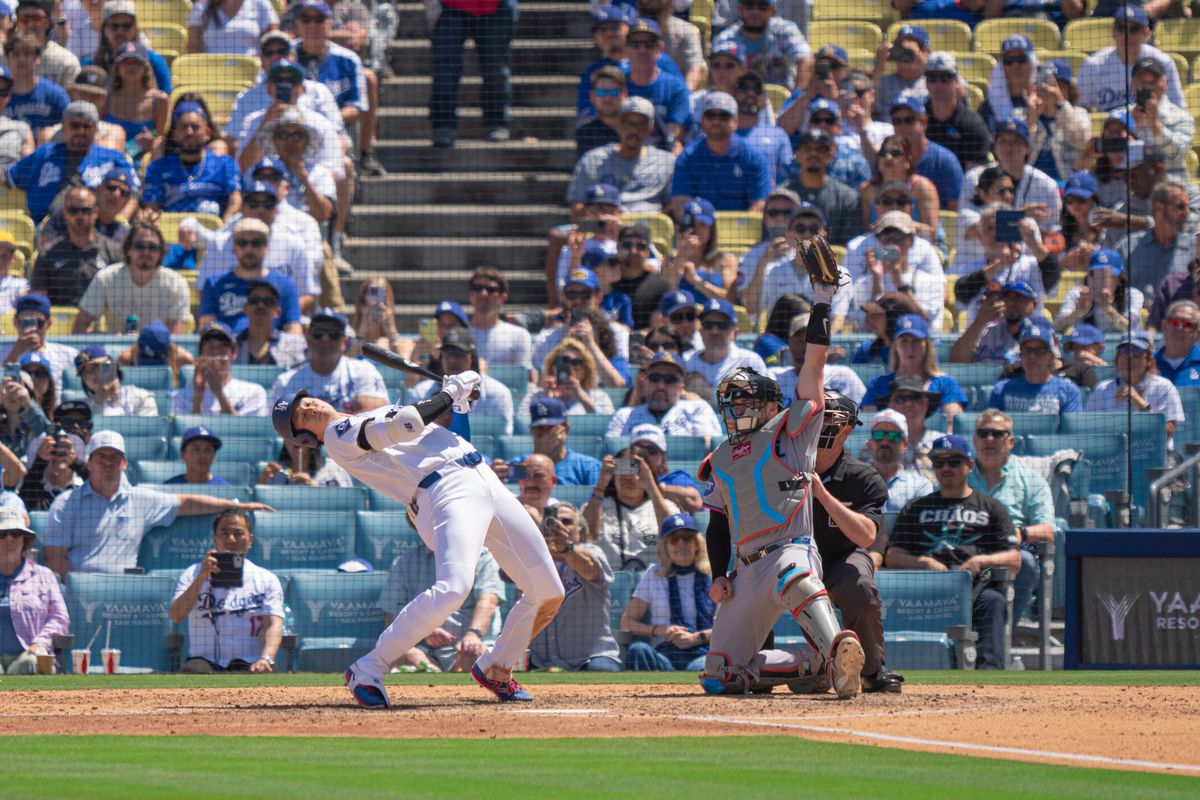 Los Angeles Dodgers pitcher Shohei Ohtani (17) ducking away from a ball during an MLB baseball game against the Miami Marlins on April 29th, 2026 in Los Angeles, CA.