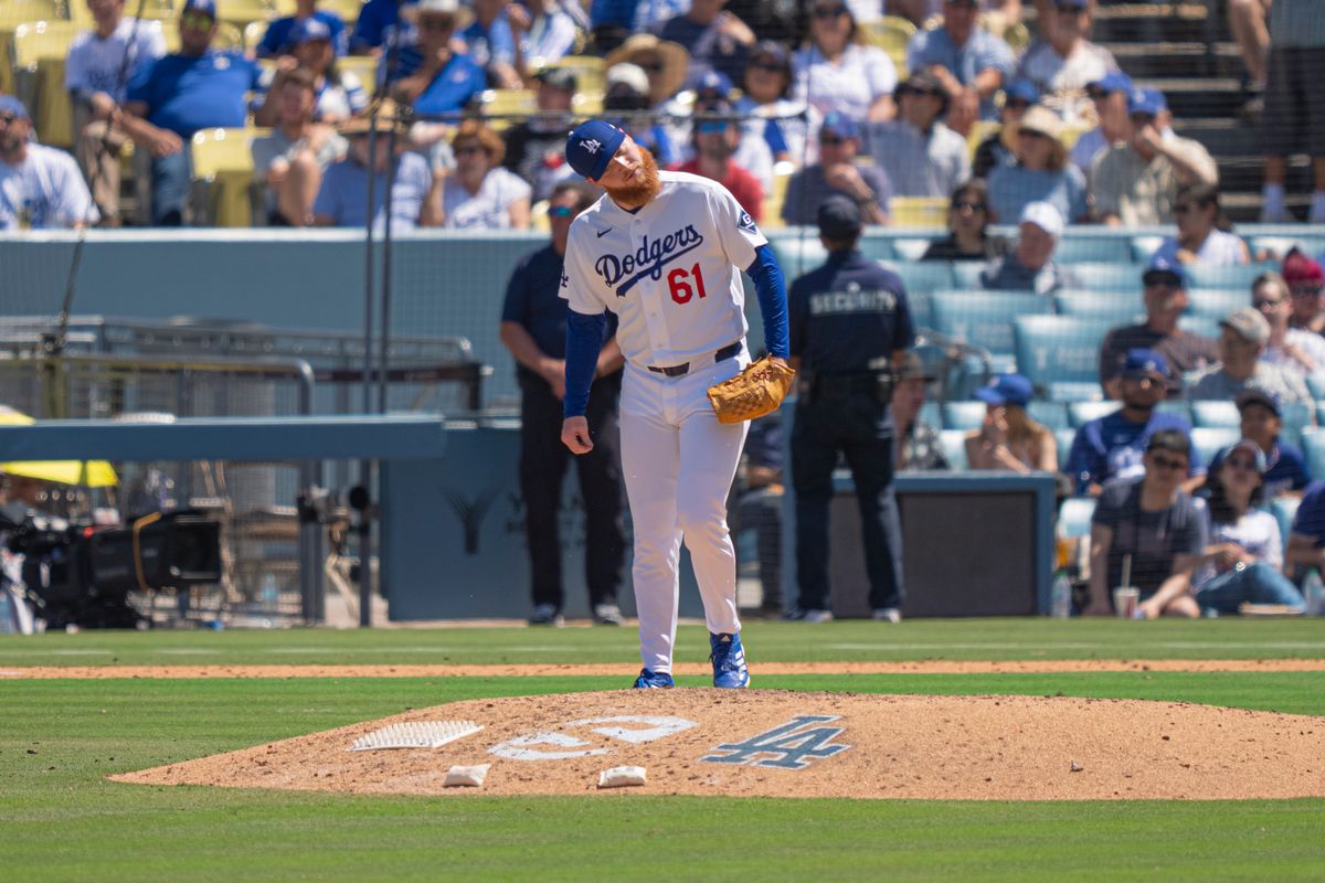 Los Angeles Dodgers pitcher Will Klein reacting to a bad call by an umpire during an MLB baseball game against the Miami Marlins on April 29th, 2026 in Los Angeles, CA.