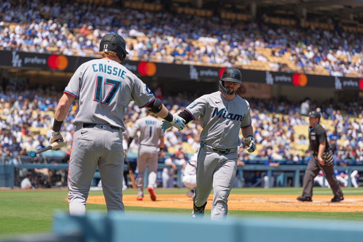 Miami Marlins catcher Liam Hicks (34) celebrating after hitting a homer during an MLB baseball game against the Los Angeles Dodgers on April 29th, 2026 in Los Angeles, CA.