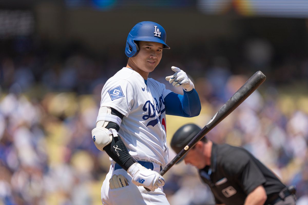 Los Angeles Dodgers pitcher Shohei Ohtani (17) pointing to media during an MLB baseball game against the Miami Marlins on April 29th, 2026 in Los Angeles, CA.