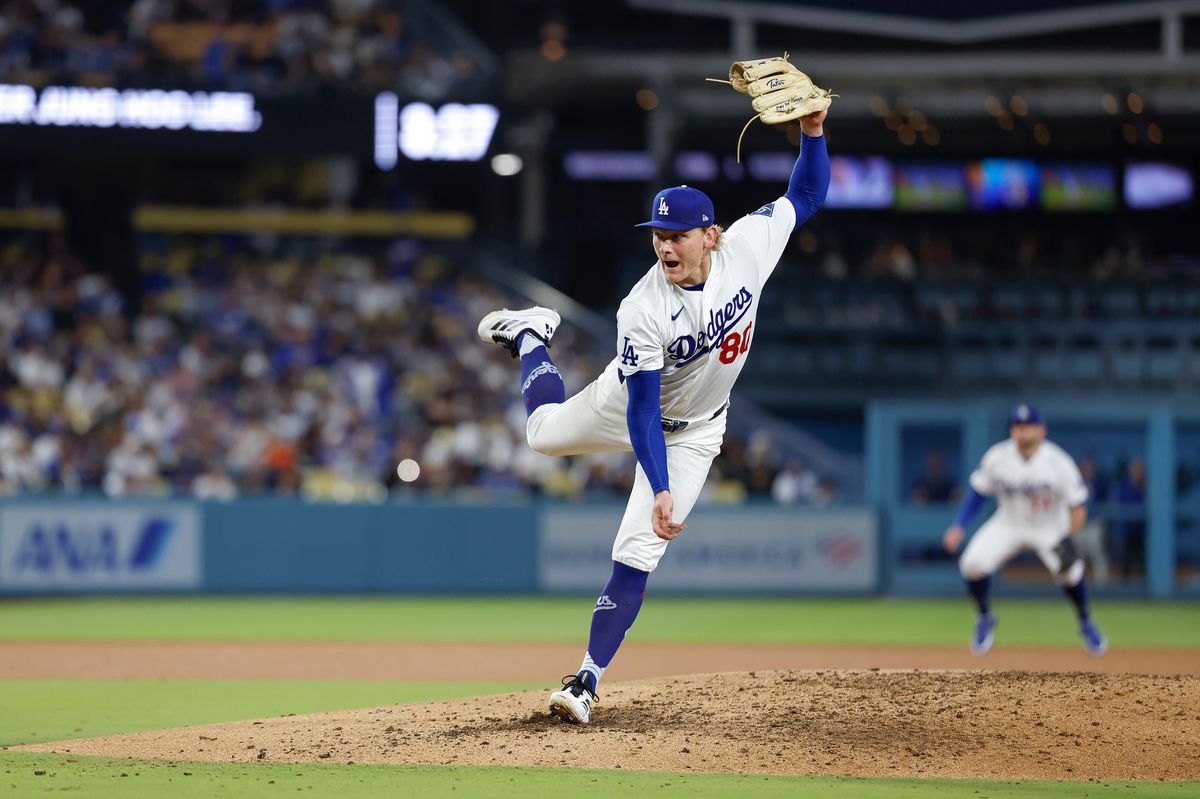 Emmet Sheehan #80 of the Los Angeles Dodgers pitches against the San Francisco Giants at Dodger Stadium on May 14, 2026 in Los Angeles, CA. Emmet Sheehan #80 of the Los Angeles Dodgers pitches against the San Francisco Giants at Dodger Stadium on May 14, 2026 in Los Angeles, CA.