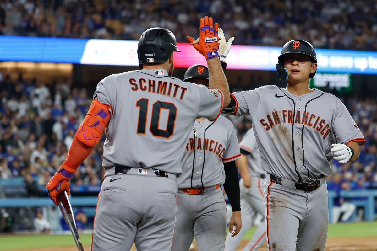 Jung Hoo Lee #51 of the San Francisco Giants celebrates an inside the park home run against the Los Angeles Dodgers at Dodger Stadium on May 14, 2026 in Los Angeles, CA. Jung Hoo Lee #51 of the San Francisco Giants celebrates an inside the park home run against the Los Angeles Dodgers at Dodger Stadium on May 14, 2026 in Los Angeles, CA.