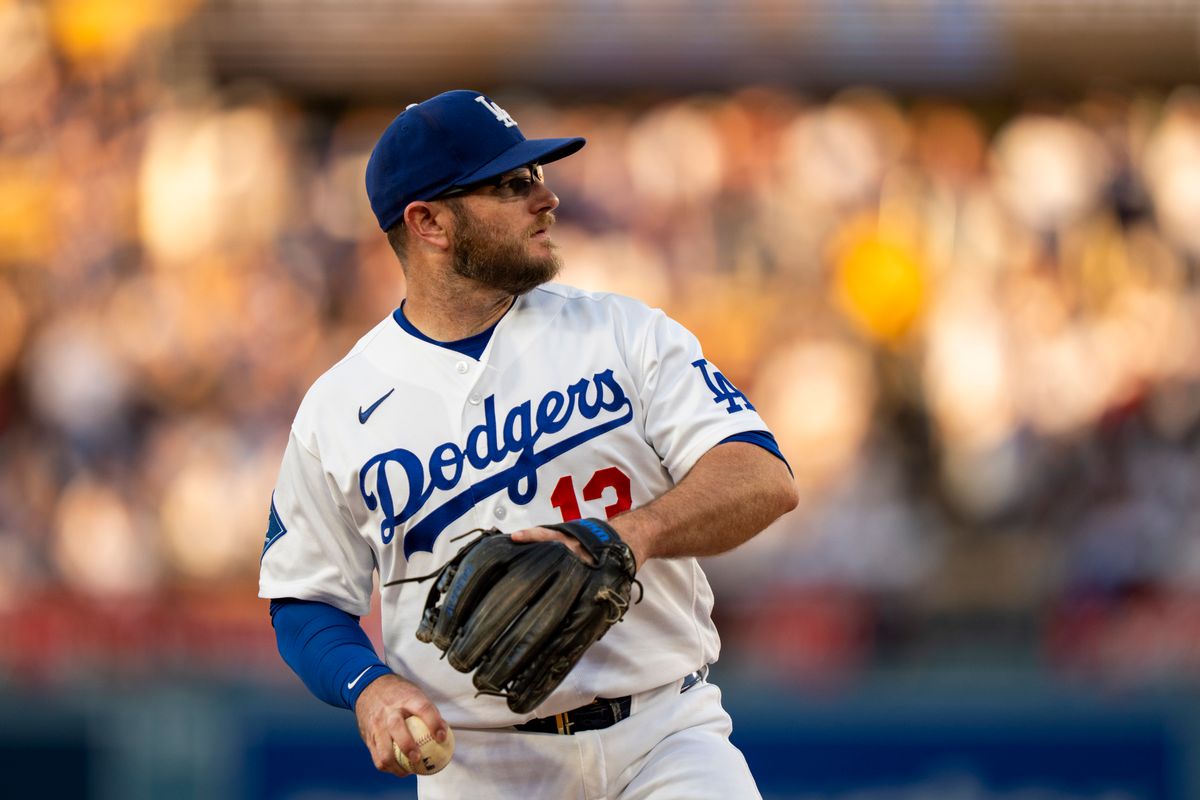 Los Angeles Dodgers infielder Max Muncy (13) warming up before an MLB baseball game against the Baltimore Orioles on June 19th, 2026 in Los Angeles, CA.