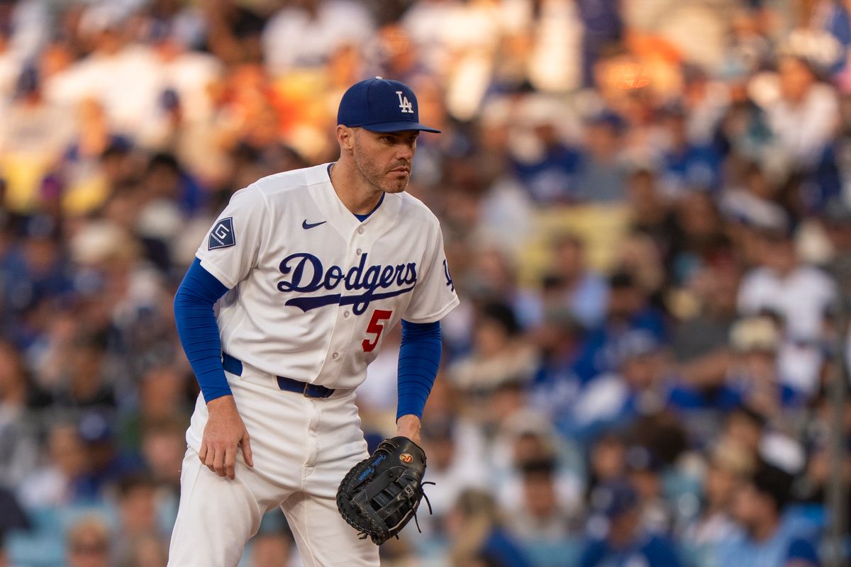 Los Angeles Dodgers infielder Freddie Freeman (5) waiting for a pitch during an MLB baseball game against the Baltimore Orioles on June 19th, 2026 in Los Angeles, CA.