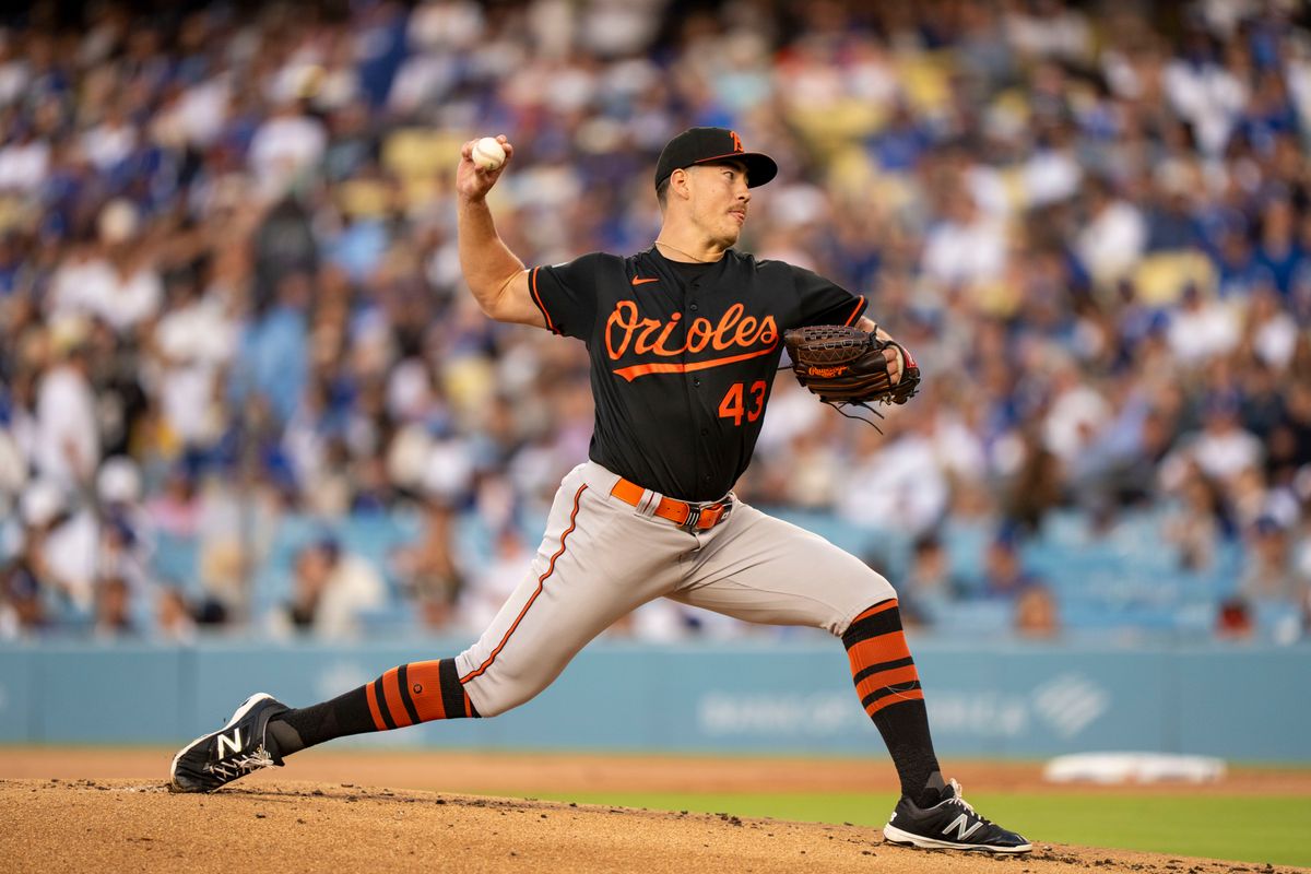 Baltimore Orioles pitcher Trey Gibson (43) pitching during an MLB baseball game against the Los Angeles Dodgers on June 19th, 2026 in Los Angeles, CA.
