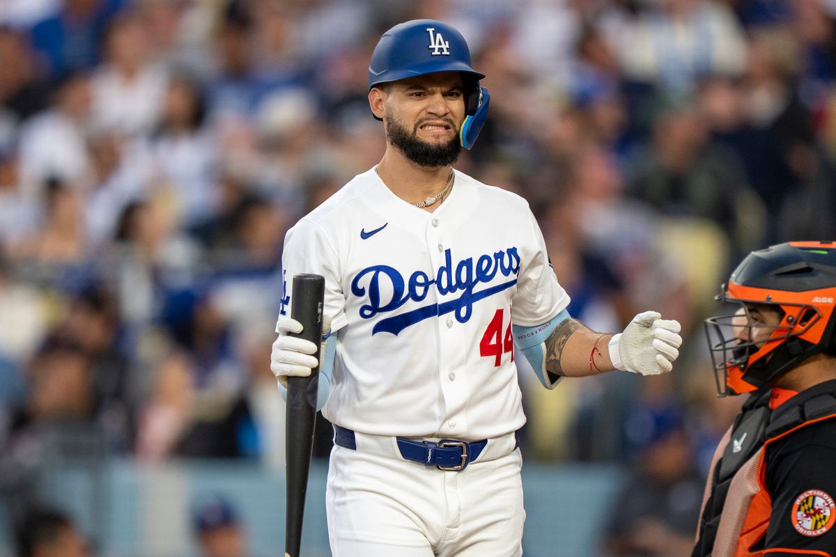 Los Angeles Dodgers outfielder Andy Pages (44) upset about striking out during an MLB baseball game against the Baltimore Orioles on June 19th, 2026 in Los Angeles, CA.