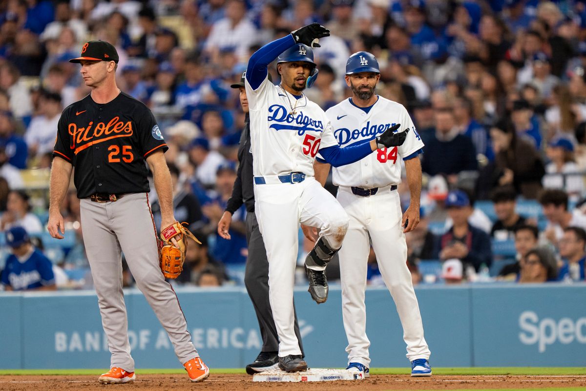Los Angeles Dodgers infielder Mookie Betts (50) celebrates a hit during an MLB baseball game against the Baltimore Orioles on June 19th, 2026 in Los Angeles, CA.