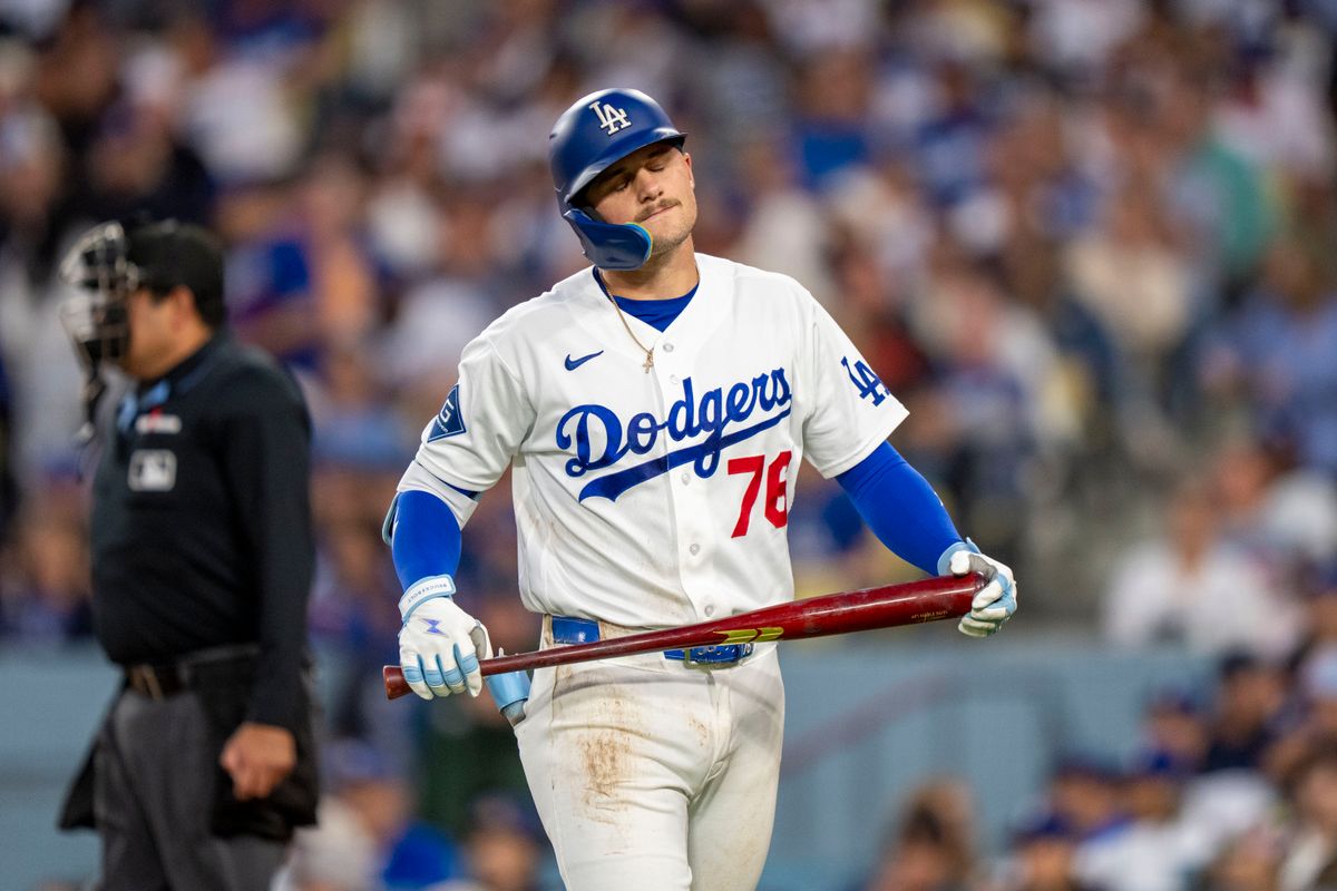 Los Angeles Dodgers infielder Alex Freeland (76) upset after striking out during an MLB baseball game against the Baltimore Orioles on June 19th, 2026 in Los Angeles, CA.
