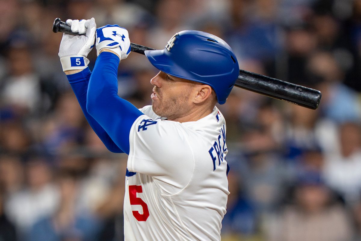 Los Angeles Dodgers infielder Freddie Freeman (5) hits a foul ball during an MLB baseball game against the Baltimore Orioles on June 19th, 2026 in Los Angeles, CA.