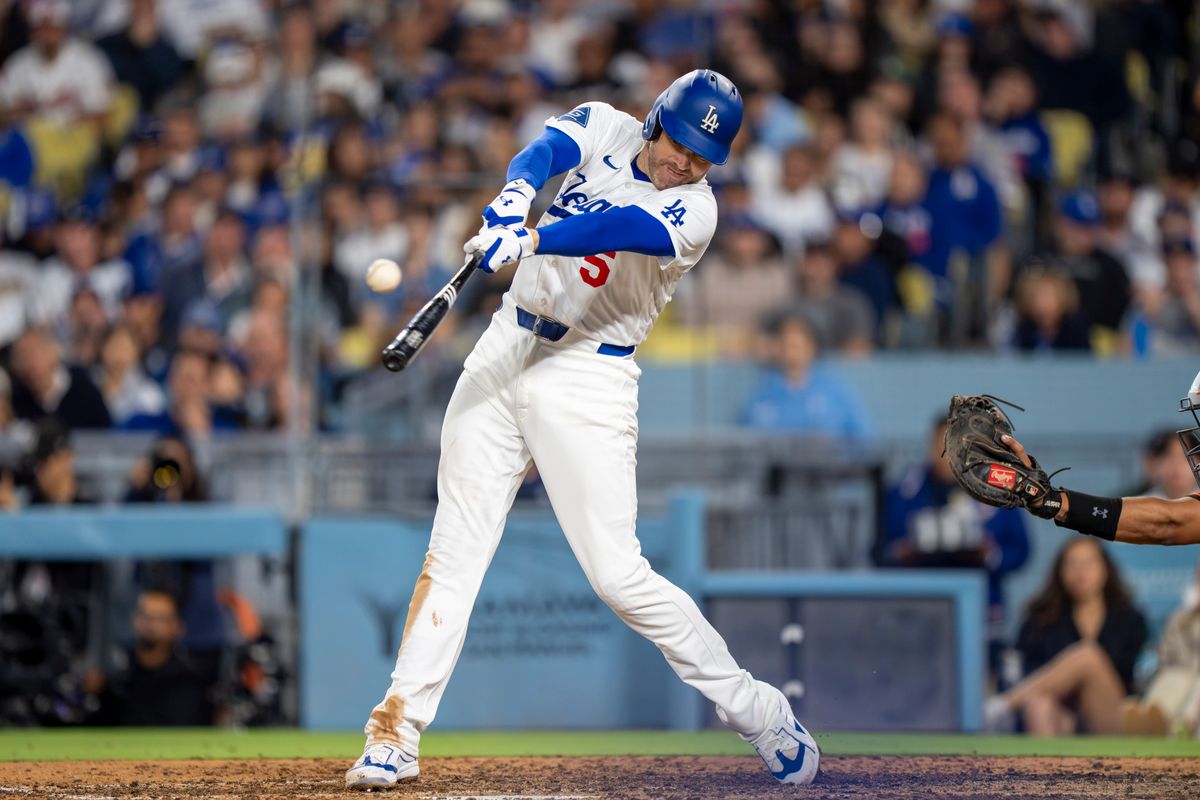 Los Angeles Dodgers infielder Freddie Freeman (5) hits a foul ball during an MLB baseball game against the Baltimore Orioles on June 19th, 2026 in Los Angeles, CA.