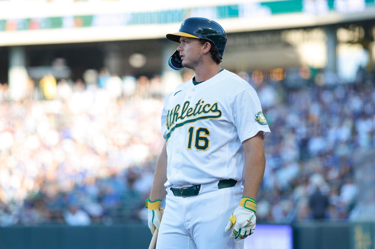 Nick Kurtz #16 of the Athletics stands on deck during a game against the Los Angeles Dodgers at Sutter Health Park on June 29, 2026 in Sacramento, California. 