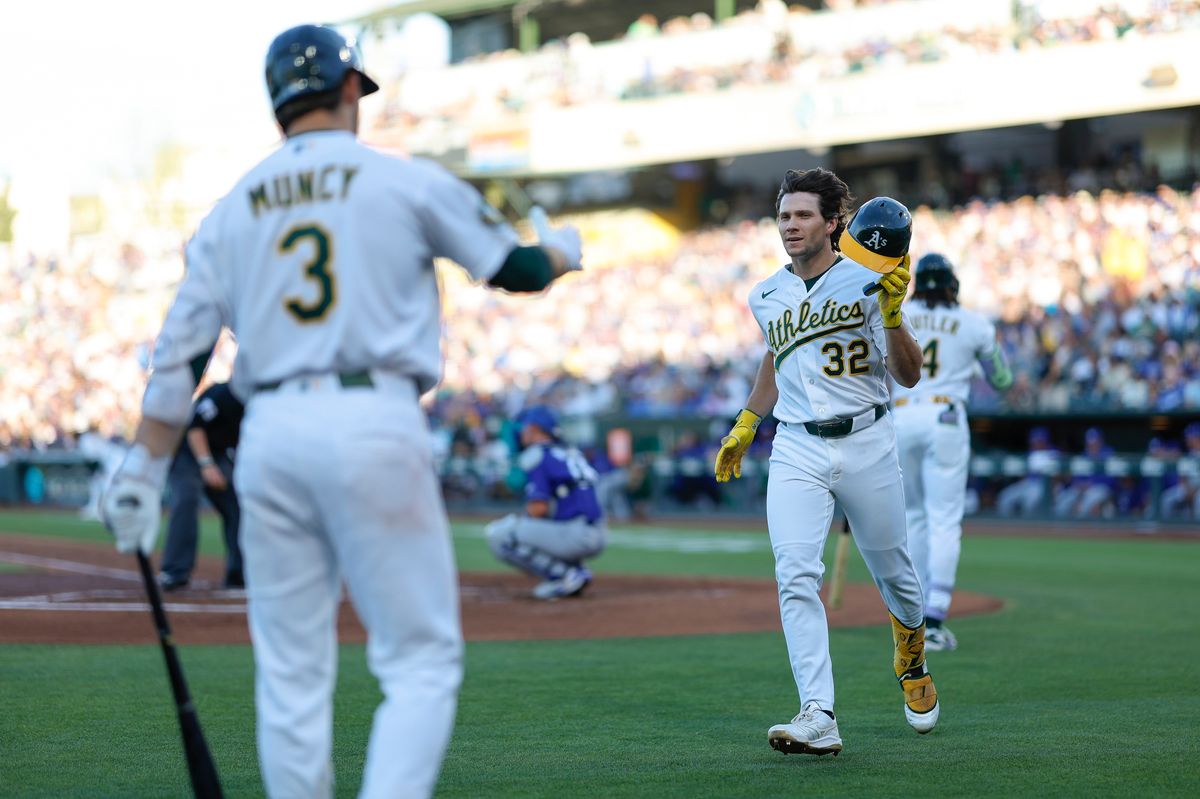 Colby Thomas #32 of the Athletics celebrates after scoring hitting a solo home run against the Los Angeles Dodgers at Sutter Health Park on June 29, 2026 in Sacramento, California. 