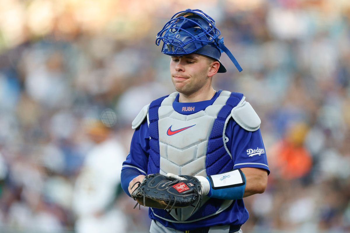 Dalton Rushing #68 of the Los Angeles Dodgers reacts against the Athletics at Sutter Health Park on June 29, 2026 in Sacramento, California. 