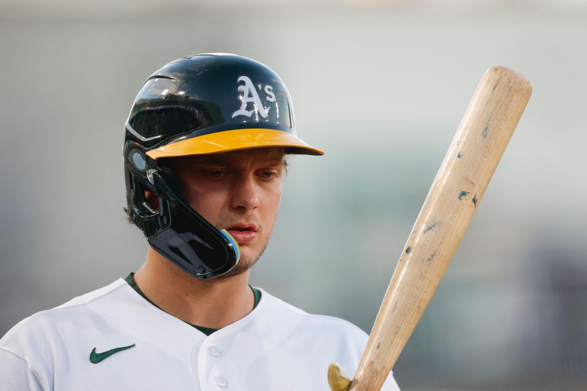 Nick Kurtz #16 of the Athletics holds his bat against the Los Angeles Dodgers at Sutter Health Park on June 29, 2026 in Sacramento, California. 