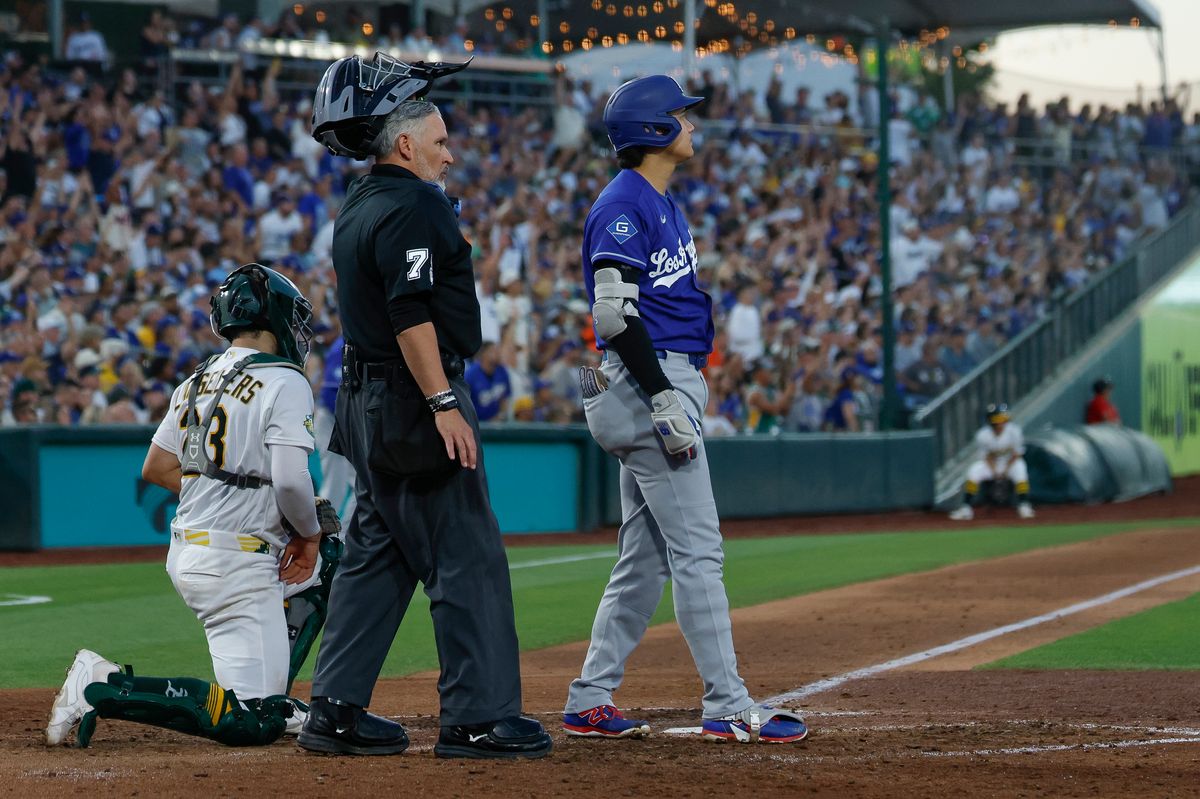 Shohei Ohtani #17 of the Los Angeles Dodgers watches his three-run home run against the Athletics at Sutter Health Park on June 29, 2026 in Sacramento, California. 