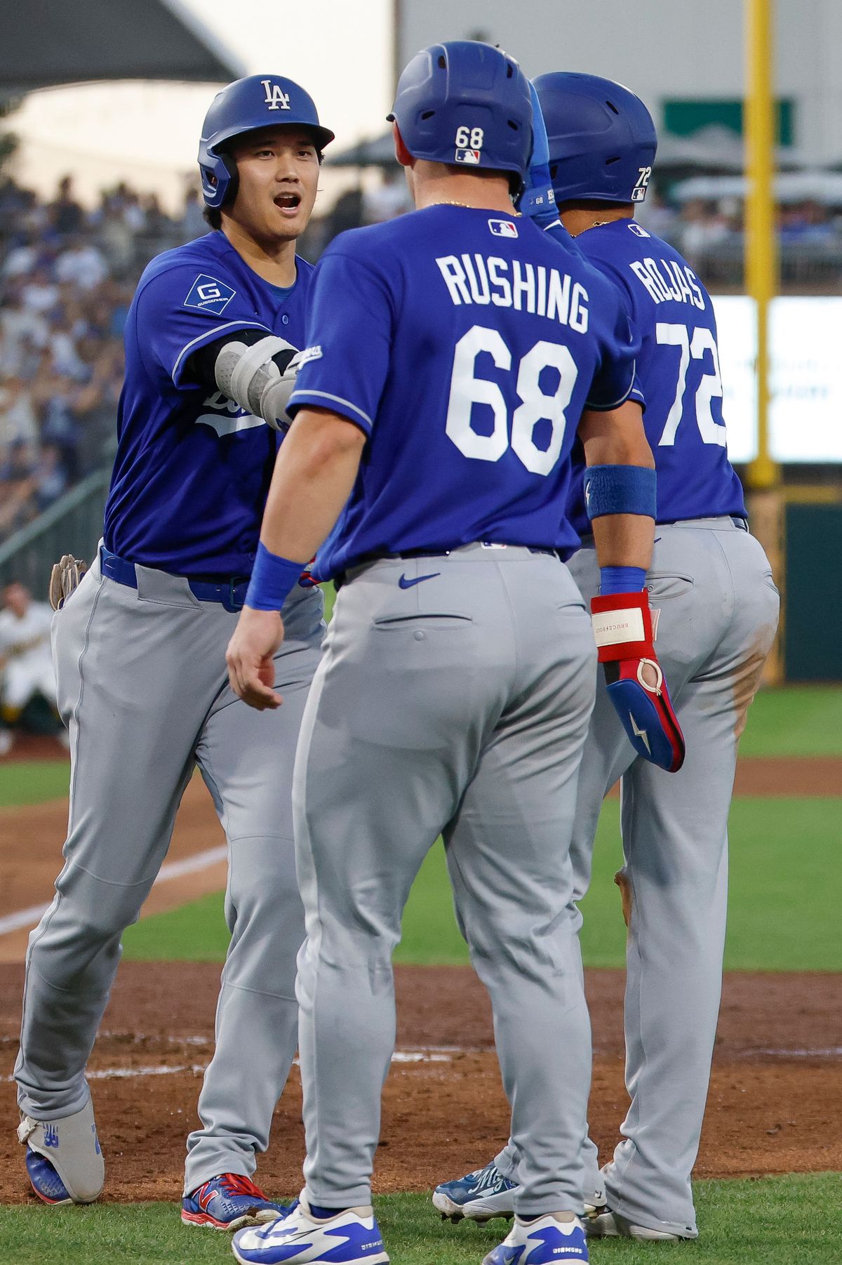Shohei Ohtani #17 of the Los Angeles Dodgers celebrates his three-run home run against the Athletics at Sutter Health Park on June 29, 2026 in Sacramento, California. 