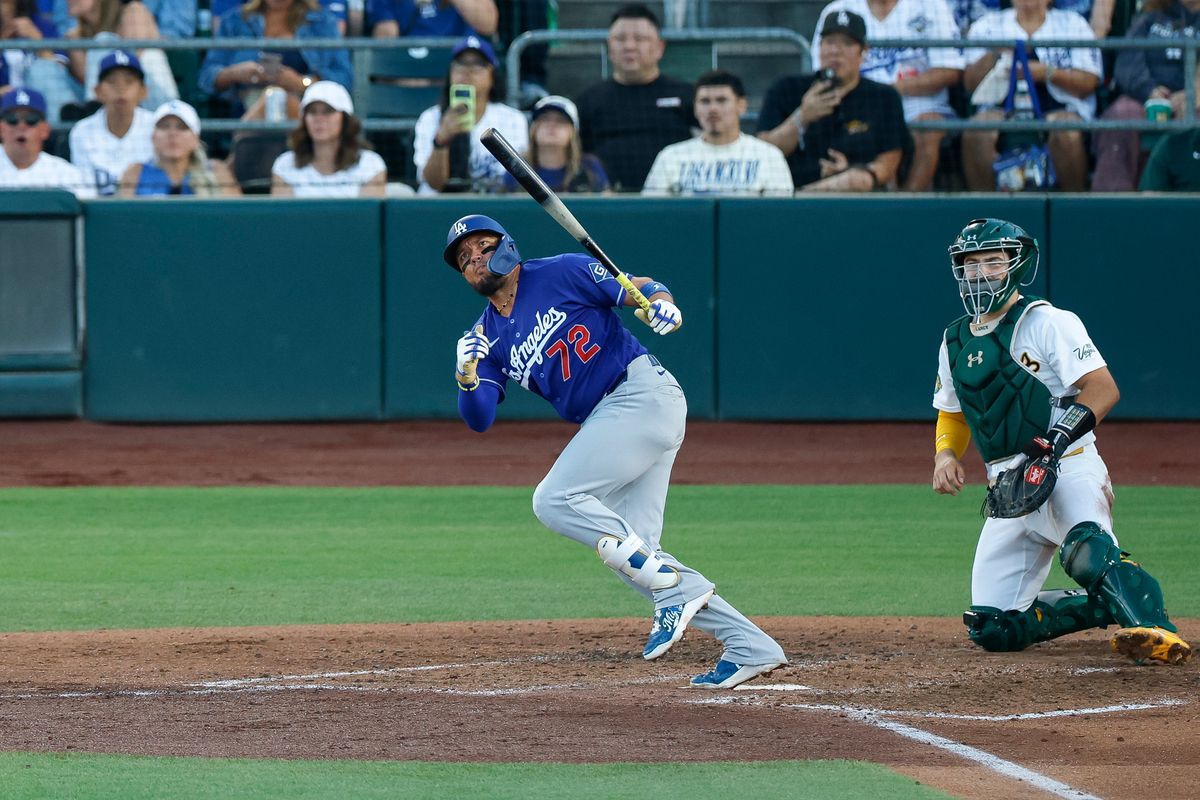 Miguel Rojas #72 of the Los Angeles Dodgers watches his solo home run against the Athletics at Sutter Health Park on June 30, 2026 in Sacramento, California.