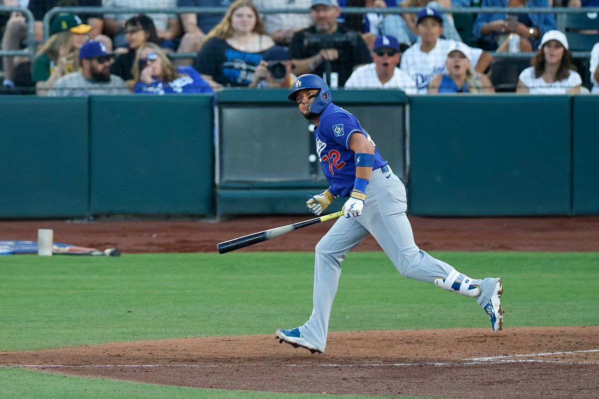 Miguel Rojas #72 of the Los Angeles Dodgers watches his solo home run against the Athletics at Sutter Health Park on June 30, 2026 in Sacramento, California.