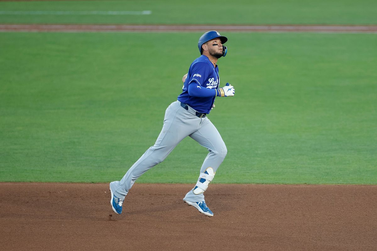Miguel Rojas #72 of the Los Angeles Dodgers hits a solo home run against the Athletics at Sutter Health Park on June 30, 2026 in Sacramento, California.