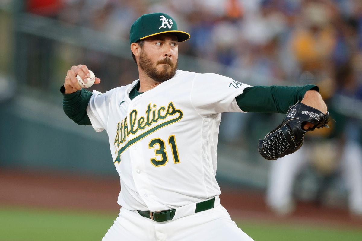 Geoff Hartlieb #31 of the Athletics throws a pitch against the Los Angeles Dodgers at Sutter Health Park on June 30, 2026 in Sacramento, California.