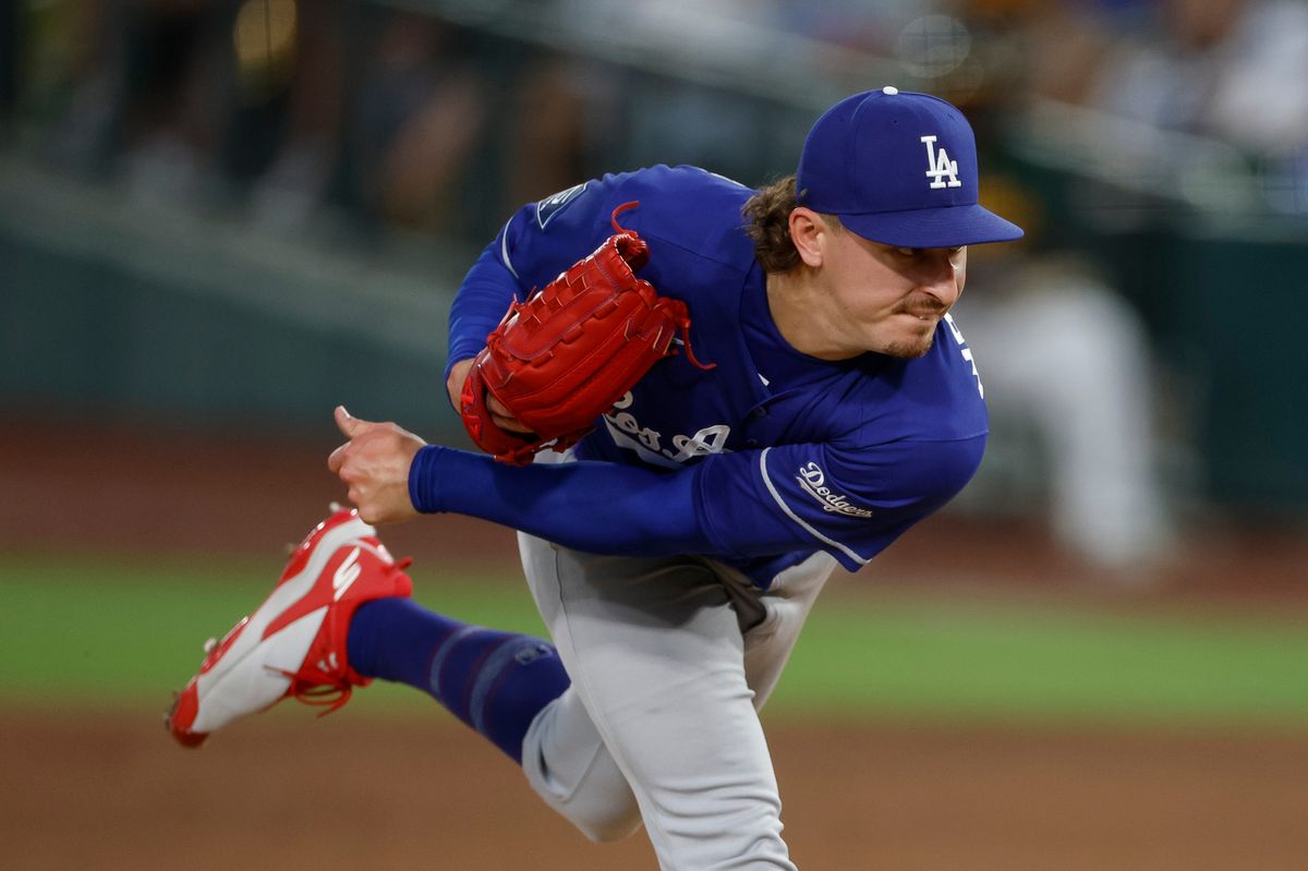 Justin Wrobleski #70 of the Los Angeles Dodgers pitches against the Athletics at Sutter Health Park on June 30, 2026 in Sacramento, California.