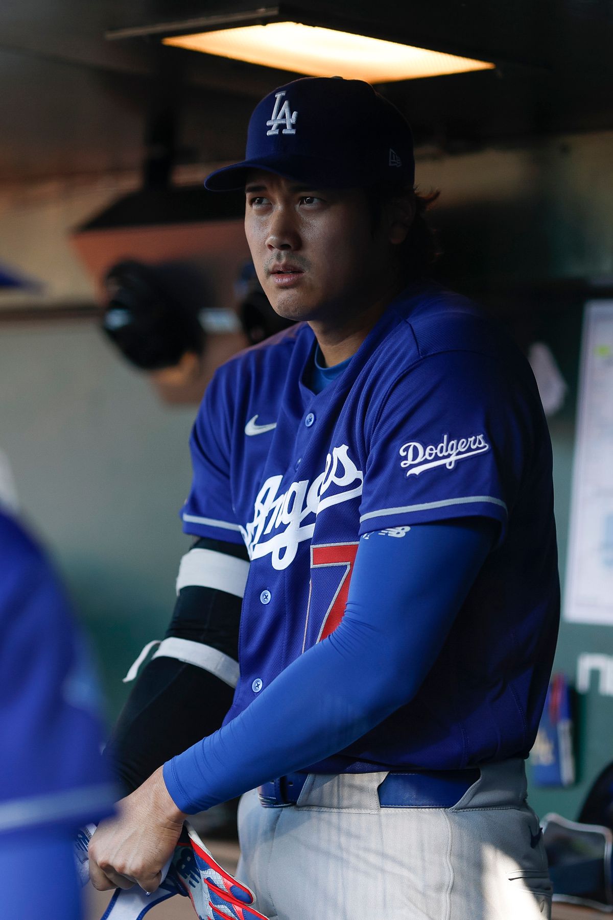 Shohei Ohtani #17 of the Los Angeles Dodgers in the dugout against the Athletics at Sutter Health Park on June 30, 2026 in Sacramento, California.