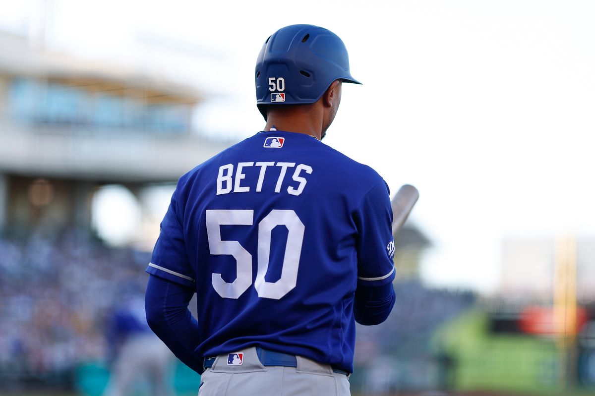 Mookie Betts #50 of the Los Angeles Dodgers stands on deck against the Athletics at Sutter Health Park on June 30, 2026 in Sacramento, California.