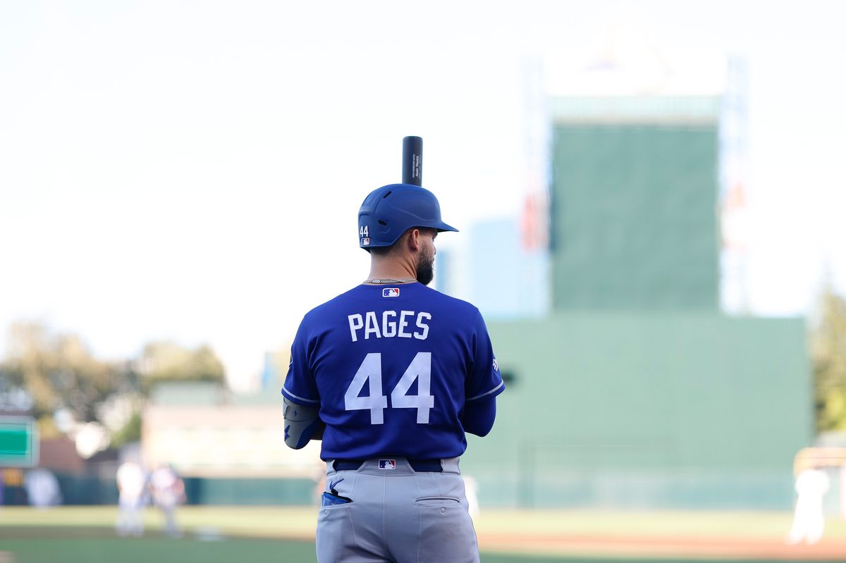 Andy Pages #44 of the Los Angeles Dodgers stands on deck against the Athletics at Sutter Health Park on June 30, 2026 in Sacramento, California.