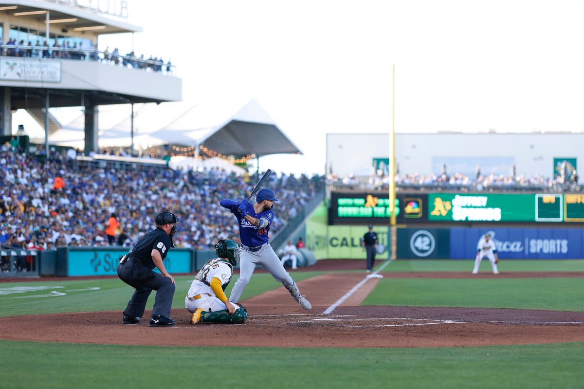 Andy Pages #44 of the Los Angeles Dodgers bats against the Athletics at Sutter Health Park on June 30, 2026 in Sacramento, California.