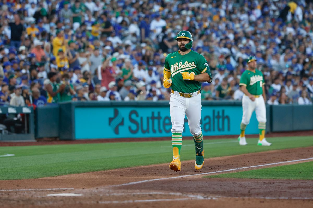 Shea Langeliers #23 of the Athletics hits a home run against the Los Angeles Dodgers at Sutter Health Park on July 1, 2026 in Sacramento, California. Shea Langeliers #23 of the Athletics hits a home run against the Los Angeles Dodgers at Sutter Health Park on July 1, 2026 in Sacramento, California.