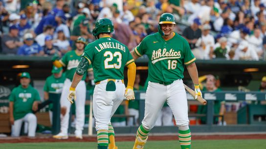 Shea Langeliers #23 of the Athletics celebrates his home run against the Los Angeles Dodgers at Sutter Health Park on July 1, 2026 in Sacramento, California. Shea Langeliers #23 of the Athletics celebrates his home run against the Los Angeles Dodgers at Sutter Health Park on July 1, 2026 in Sacramento, California.
