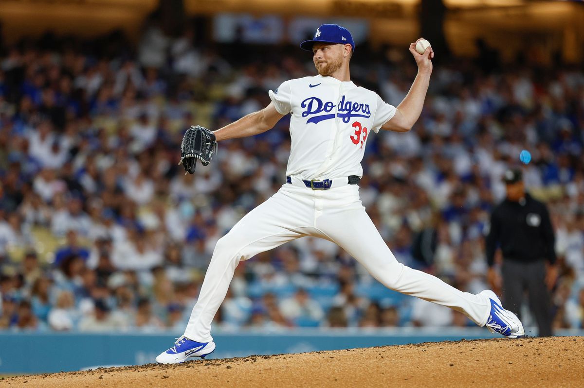 Eric Lauer #33 of the Los Angeles Dodgers throws a pitch against the Colorado Rockies at Dodger Stadium on July 06, 2026 in Los Angeles, California. Eric Lauer #33 of the Los Angeles Dodgers throws a pitch against the Colorado Rockies at Dodger Stadium on July 06, 2026 in Los Angeles, California.