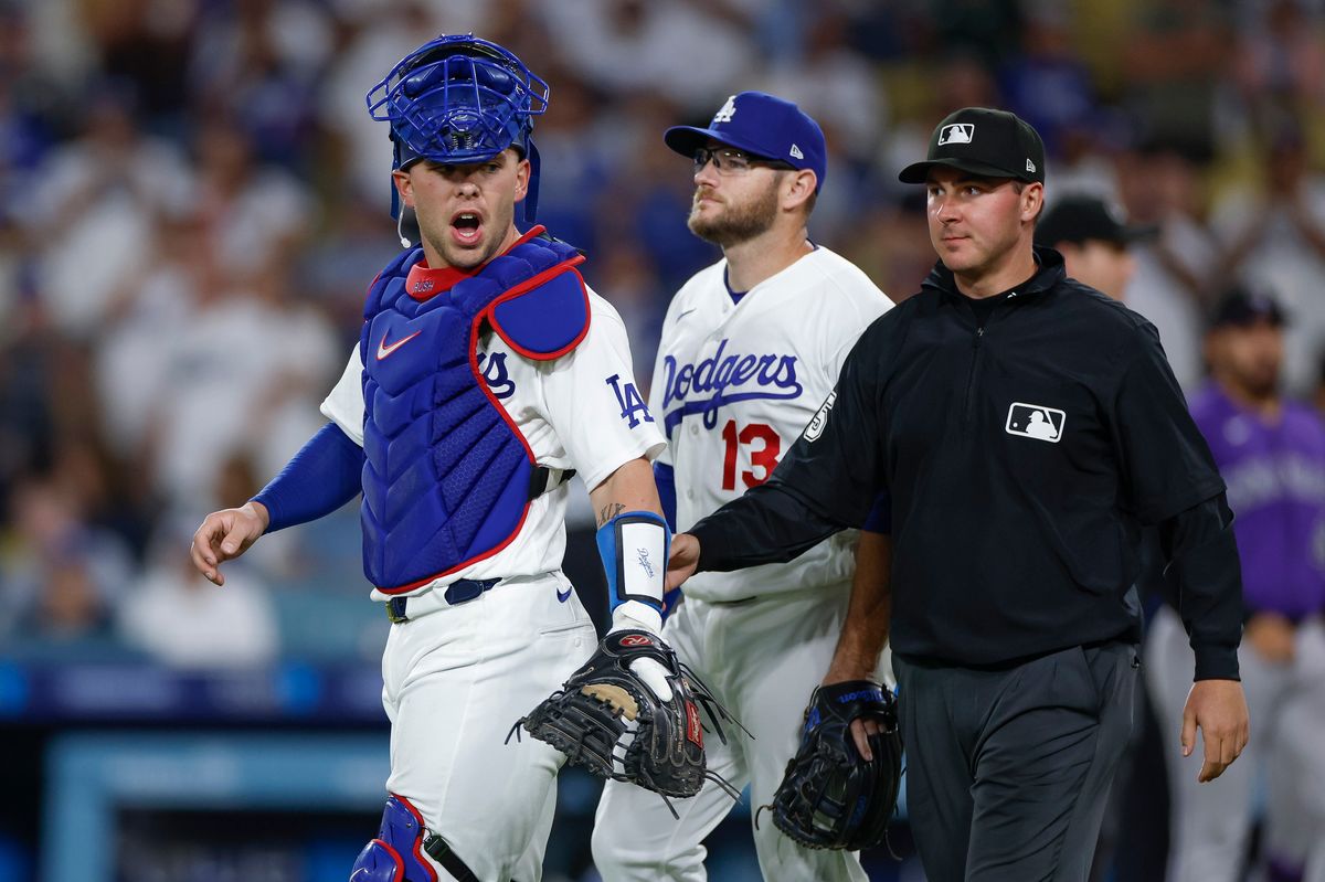 Dalton Rushing #68 of the Los Angeles Dodgers reacts against the Colorado Rockies at Dodger Stadium on July 06, 2026 in Los Angeles, California. Dalton Rushing #68 of the Los Angeles Dodgers reacts against the Colorado Rockies at Dodger Stadium on July 06, 2026 in Los Angeles, California.