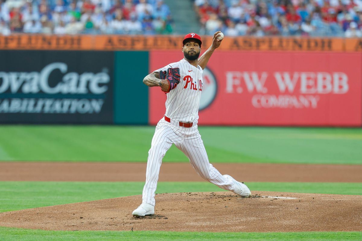 Cristopher Sanchez #61 of the Philadelphia Phillies throws a pitch against the Los Angeles Dodgers at Citizens Bank Park on July 20, 2026 in Philadelphia, Pennsylvania.
